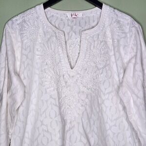Amaya White Cotton Tunic Top Embroidered Split V-neck Coastal Beach Preppy 46 XL